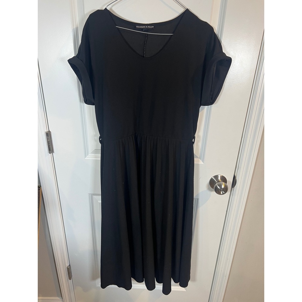 Elizabeth‎ & Nicole Womens Midi Dress V-Neck Cuffed Sleeve Black XL